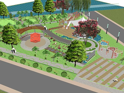 Park Landscape Featuring Lush Trees Curved Walkways Circular Plaza Red Structure And Playground Equipment 3d model