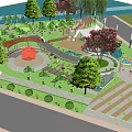 Park Landscape Featuring Lush Trees Curved Walkways Circular Plaza Red Structure And Playground Equipment
