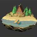 Red Small House on Floating Island Surrounded by Green Trees Blue Water and Wooden Bridge