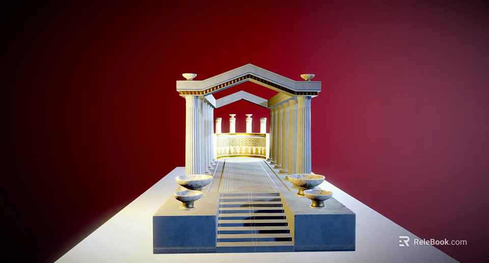 Classical Style Pergola With Columns Steps And Decorative Urns Against Red Backdrop 3d model 