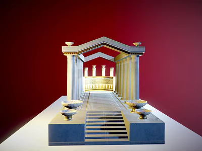 Classical Style Pergola With Columns Steps And Decorative Urns Against Red Backdrop 3d model