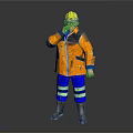 Man Wearing Yellow Hard Hat Orange Jacket Blue Pants With Green Reflective Stripes Rain Boots