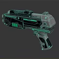 Futuristic Sci Fi Pistol With Green Glowing Lines Metallic Body And Ergonomic Grip Design