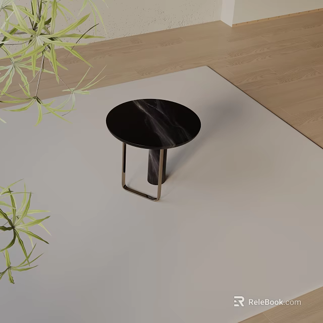Modern Round Black Marble Top Side Table with Geometric Metal Legs and Plants 3d model 