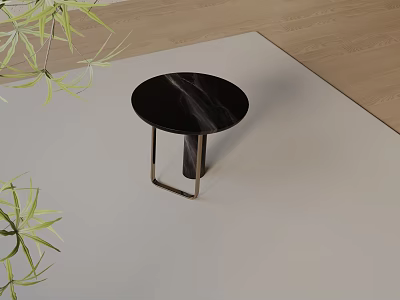Modern Round Black Marble Top Side Table with Geometric Metal Legs and Plants 3d model