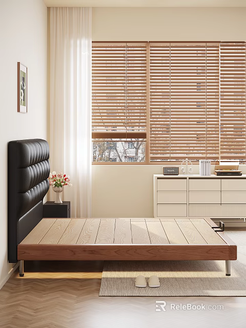 Comfortable Double Bed with Black Leather Headboard Wooden Frame Nightstand White Dresser and Wooden Blinds 3d model 