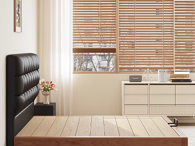 Comfortable Double Bed with Black Leather Headboard Wooden Frame Nightstand White Dresser and Wooden Blinds 3d model