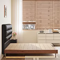 Comfortable Double Bed with Black Leather Headboard Wooden Frame Nightstand White Dresser and Wooden Blinds