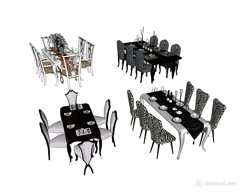 Modern Dining Table Set With Patterned Chairs Rectangular Table And Decorative Tablecloth 3d model 