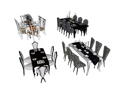 Modern Dining Table Set With Patterned Chairs Rectangular Table And Decorative Tablecloth 3d model
