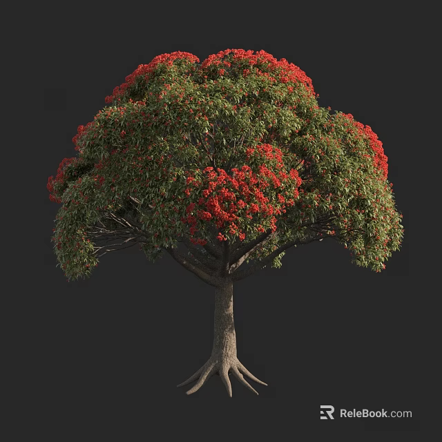 Lush Arbor with Green Leaves Vibrant Red Flowers and Exposed Roots 3d model 