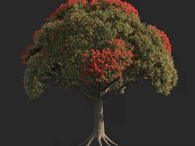 Lush Arbor with Green Leaves Vibrant Red Flowers and Exposed Roots 3d model