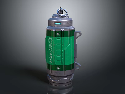Tactical Green Silver Grenade Weapon With Top Ring Metal Body And Numerical Markings 3d model