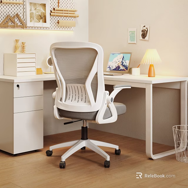 Modern White Office Desk Setup With Ergonomic Chair Laptop Desk Lamp And Wall Art 3d model 