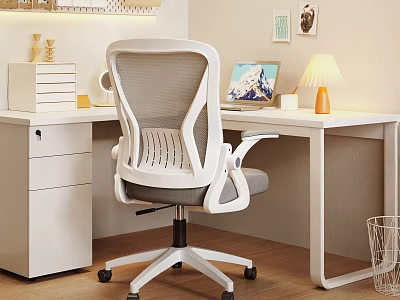 Modern White Office Desk Setup With Ergonomic Chair Laptop Desk Lamp And Wall Art 3d model
