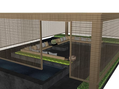 Wooden Pergola With Lattice Sides Greenery Seating Area And Water Feature 3d model