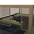 Wooden Pergola With Lattice Sides Greenery Seating Area And Water Feature