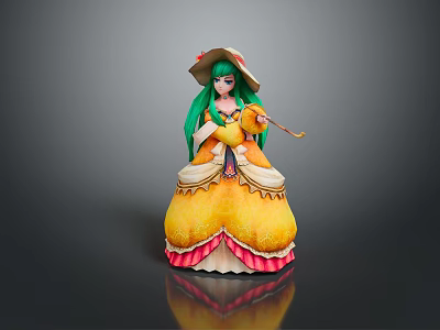 Game And Movie Character With Green Long Hair Yellow Dress Pink Hem Holding Scepter Hat 3d model