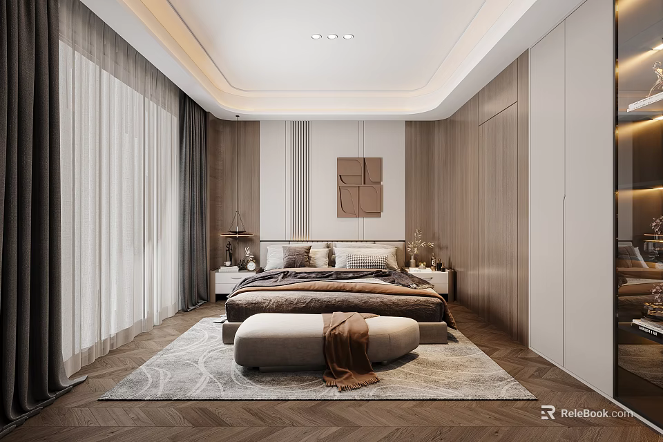 Modern Elegant Bedroom Interior Design With Bed Nightstand Carpet Curtains Wardrobe And Decorative Painting 3d model 