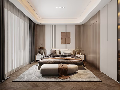 Modern Elegant Bedroom Interior Design With Bed Nightstand Carpet Curtains Wardrobe And Decorative Painting 3d model