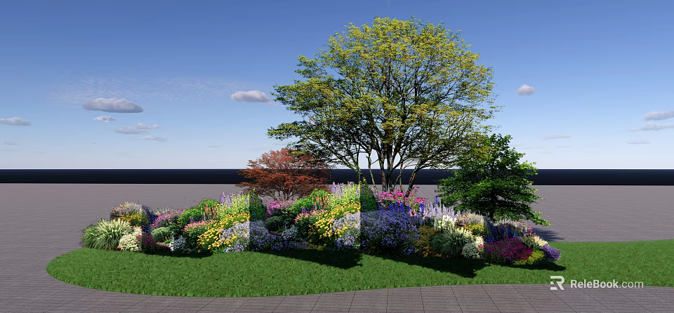 Colorful Flowering Shrubs in Lush Garden Landscape With Green Grass and Blue Sky 3d model 