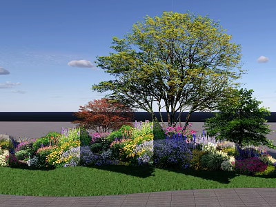 Colorful Flowering Shrubs in Lush Garden Landscape With Green Grass and Blue Sky 3d model