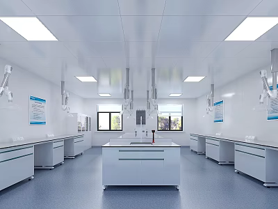 Modern Laboratory Interior With White Benches Hanging Fume Hoods Blue Posters And Windows 3d model