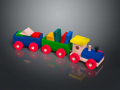 Children's Wooden Toy Train With Red Wheels And Colorful Building Blocks 3d model