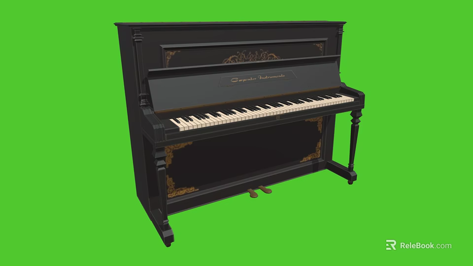 Elegant Black Upright Piano With Ornate Carvings On Green Background 3d model 