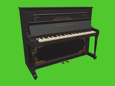 Elegant Black Upright Piano With Ornate Carvings On Green Background 3d model