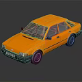 Yellow Classic Compact Sedan with Black Bumper and Wheels on Reflective Black Background 3d model
