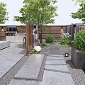 Elegant Courtyard Garden With Outdoor Dining Table Chairs Lilac Flowers Green Plants And Pergola
