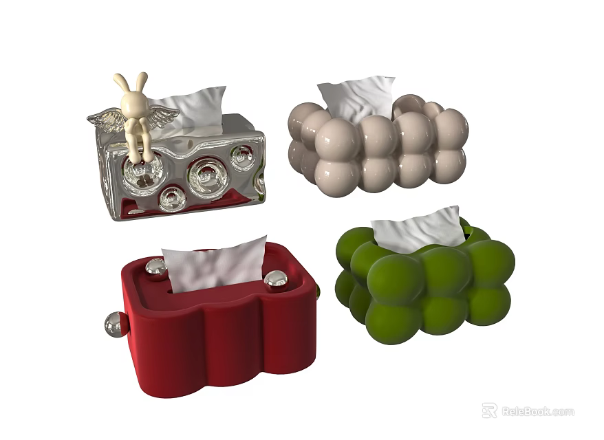 Decorative Ornament Set With Colorful Tissue Box Holders In Different Shapes And Rabbit Decoration 3d model 