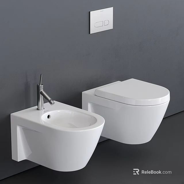 Wall Mounted White Toilet With Adjacent Sink And Control Panel In Modern Gray Bathroom 3d model 