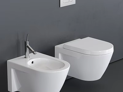 Wall Mounted White Toilet With Adjacent Sink And Control Panel In Modern Gray Bathroom 3d model