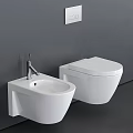 Wall Mounted White Toilet With Adjacent Sink And Control Panel In Modern Gray Bathroom