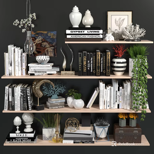Elegant Ornamental Decor Combinations With Books Vases Green Plants And Sculptures On Shelves 3d model 
