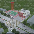 Industrial Factory Building Featuring Multi Storey Structure Red Doors Staircase Roof Logo And Greenery