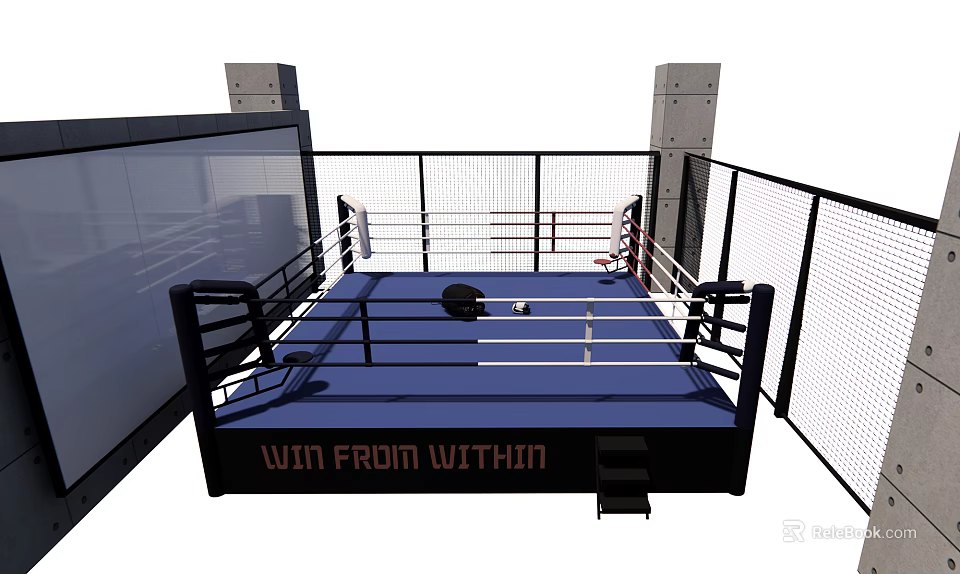 Professional Boxing Ring With Blue Mat White Ropes And Fencing For Fitness Training 3d model 