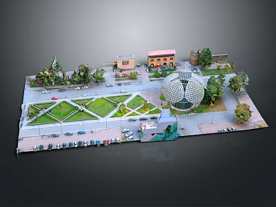 Detailed Miniature Model Scene With Green Grass Paths Dome Building Trees And Parked Cars 3d model