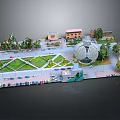 Detailed Miniature Model Scene With Green Grass Paths Dome Building Trees And Parked Cars