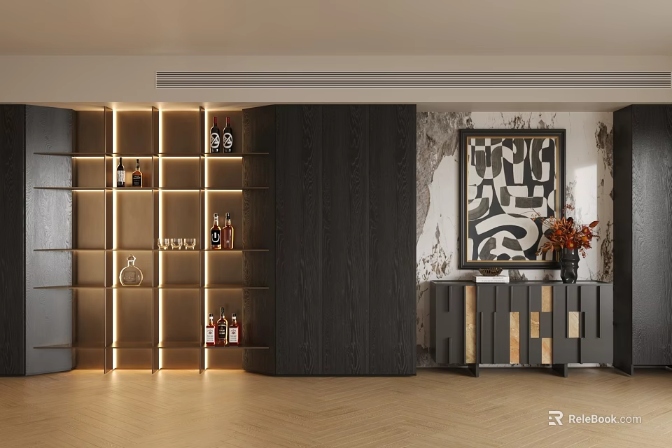 Modern Wooden Decorative Cabinet With LED Lighting And Decor Items In Living Room Interior 3d model 