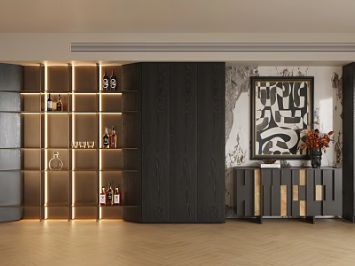 Modern Wooden Decorative Cabinet With LED Lighting And Decor Items In Living Room Interior 3d model