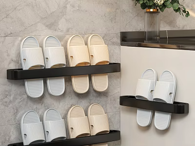 Wall Mounted Shoe Cabinet with White and Beige Slippers on Black Shelves 3d model