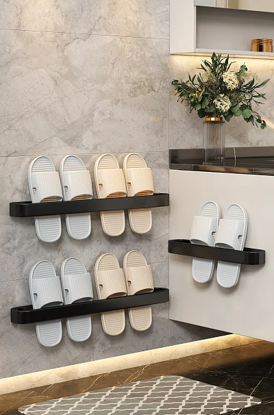 Wall Mounted Shoe Cabinet with White and Beige Slippers on Black Shelves 3d model