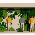 Window Display Featuring Green Tropical Leaves Three Mannequins in Yellow Blue Tops White Pants