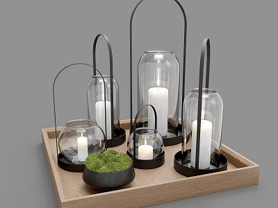 Decorative Ornament Set With Glass Lanterns Candles Moss And Wooden Tray 3d model