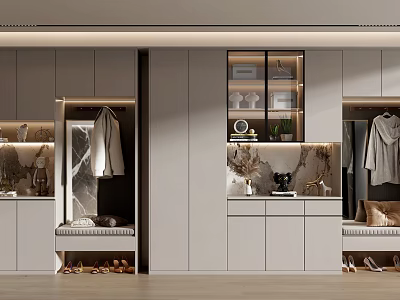 Modern Shoe Cabinet Interior Design With Sleek White Storage Space Mirror And Clothing Hanger 3d model