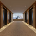 Modern Hotel Corridor Design With Soft Lighting Fabric Walls Carpeting And Wooden Doors