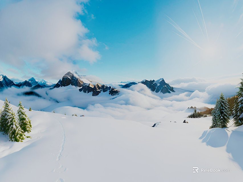 Breathtaking Snowy Mountain Landscape With Blue Sky Clouds Sunlight And Pine Trees 3d model 